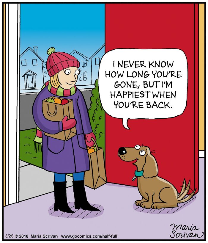 Comic featuring funny characters and absurd situations showing a woman talking to a dog at the door.