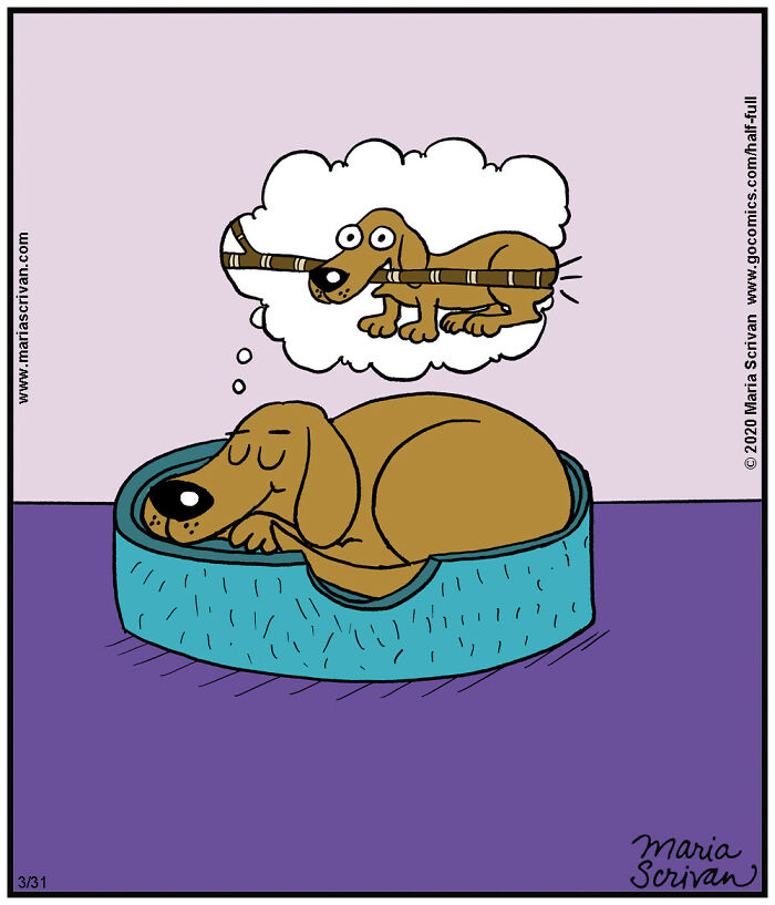 Cartoon dog dreaming of holding a stick, funny characters and absurd situations in a hilarious comic style.