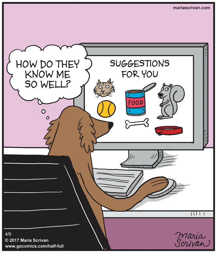 Dog using a computer with funny characters and absurd suggestions on screen in a hilarious comic panel.