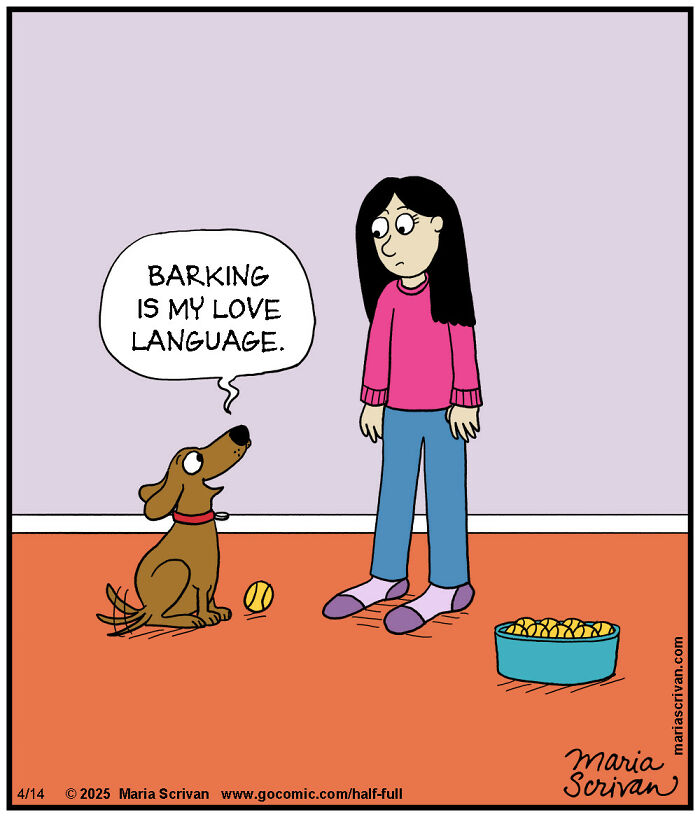 Comic panel showing a funny character dog saying barking is my love language to a woman in an absurd situation.