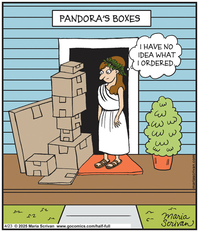 Hilarious comic featuring funny characters with a woman in ancient attire and absurd situation of many cardboard boxes.