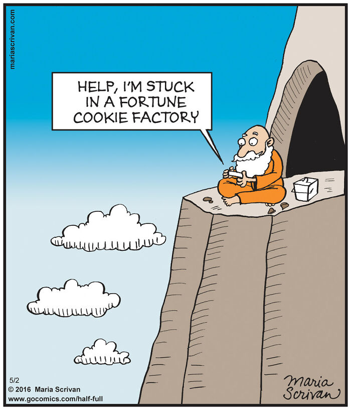 Cartoon of a funny character stuck on a cliff, humorously referencing a fortune cookie factory, featuring absurd situations.