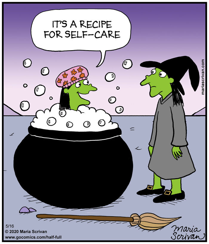 Funny comic with quirky characters in an absurd situation featuring witches and a bubble bath in a cauldron.