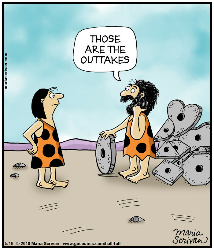 Cartoon featuring funny characters in caveman outfits with humorous dialogue about stone wheel outtakes.