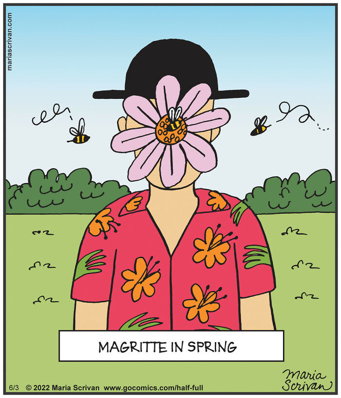 Cartoon of a funny character with a flower as a face and bees flying around, showcasing absurd comic situations.
