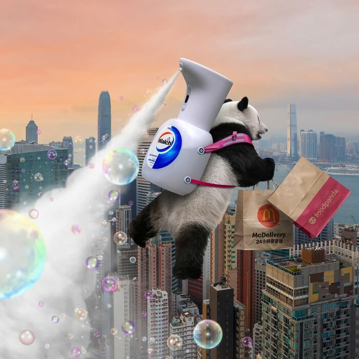 Panda with a jetpack flying over Hong Kong cityscape, delivering McDelivery in a playful surreal edit.