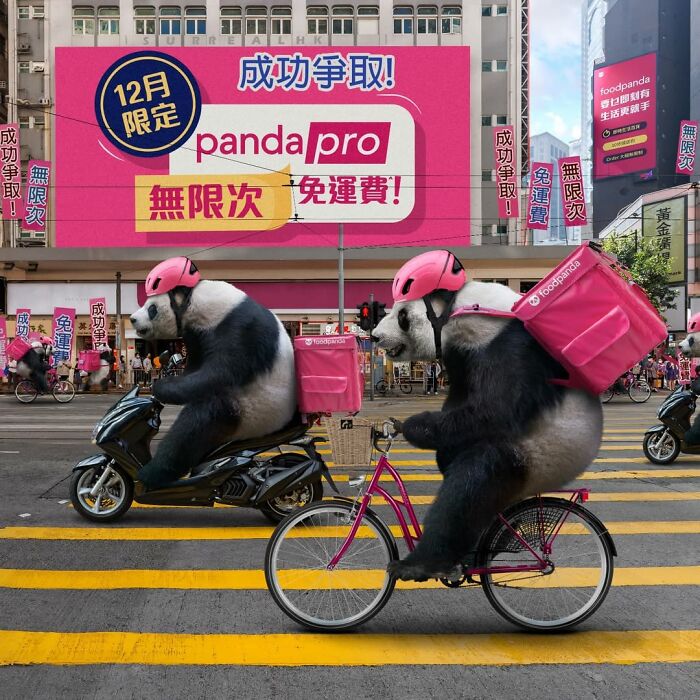 Two pandas wearing helmets and food delivery backpacks riding a scooter and bicycle in a surreal Hong Kong street scene.