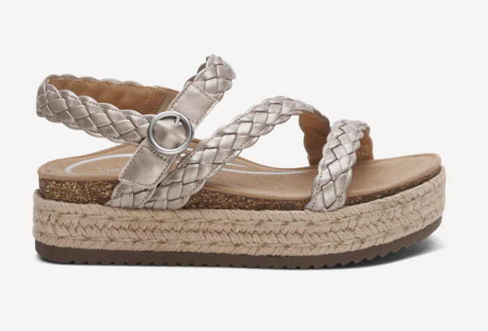 Beige braided sandal with buckle and platform sole, perfect for stylish and comfortable picks in sandal season Europe.