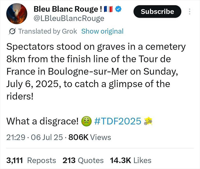 Tweet showing spectators standing on graves near Tour de France route sparking outrage among fans during 2025 race in Boulogne-sur-Mer. Tweet showing spectators standing on graves near Tour de France route sparking outrage among fans during 2025 race in Boulogne-sur-Mer.