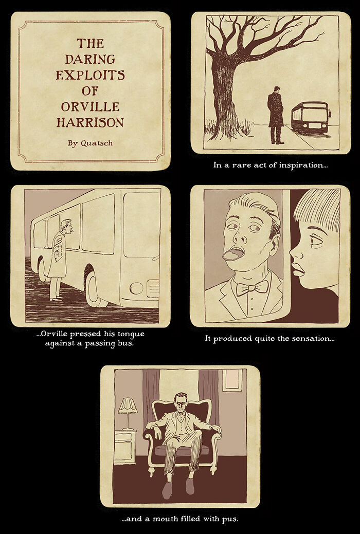Absurd and witty comic panels by Quatsch depicting a man pressing his tongue against a passing bus.