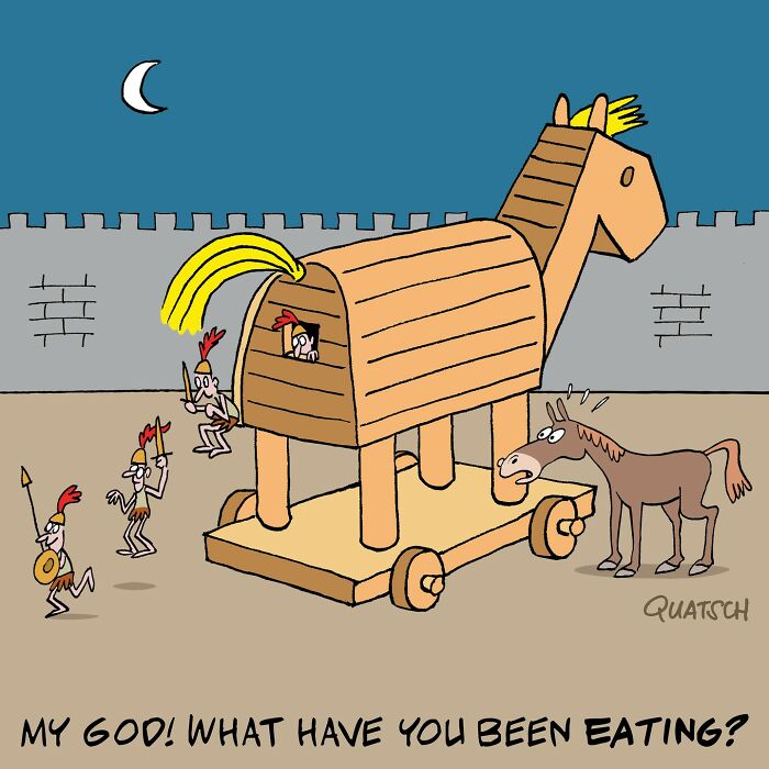 Absurd and witty comic showing a surprised horse reacting to a Trojan horse with warriors inside at night.