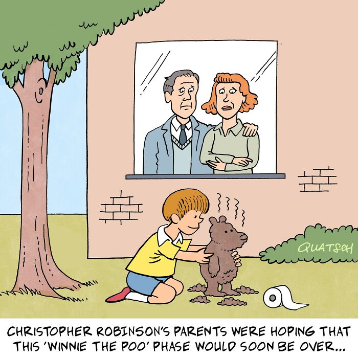 Absurd and witty comic showing a child covered in dirt pretending to be a bear while parents watch worriedly through a window.