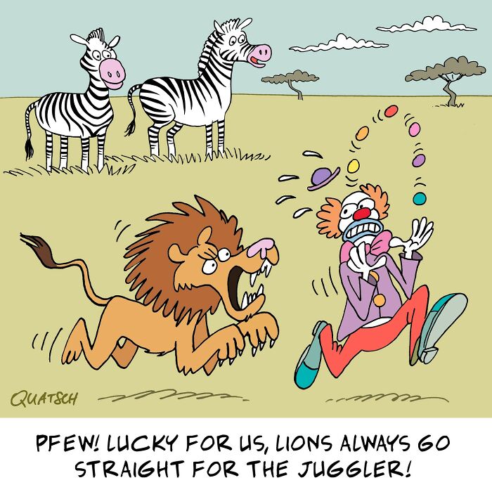 Absurd and witty comic showing a clown juggling while a lion chases him, with two zebras watching in the background.