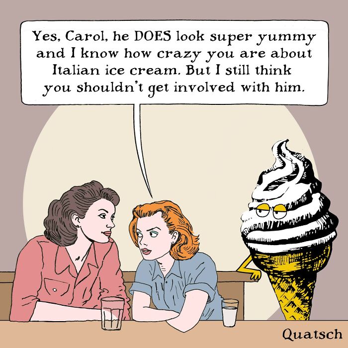 Two women talking about a sentient ice cream cone in a witty comic depicting ridiculous situations by Quatsch.