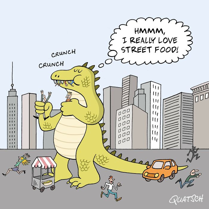 A witty comic by Quatsch showing a giant dinosaur in a city enjoying absurd street food by eating tiny people.