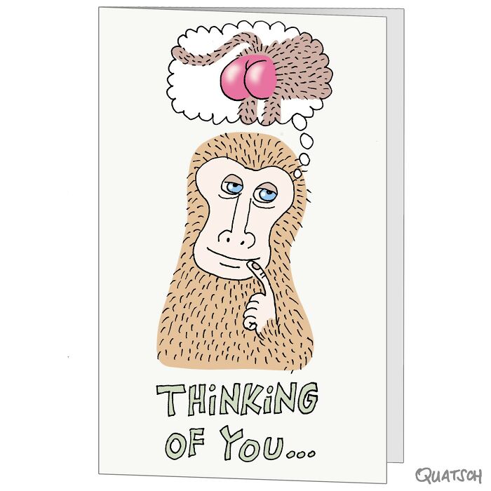 Absurd and witty comic featuring a monkey thinking of a humorous and ridiculous situation with a cheeky twist.