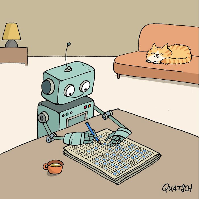 Robot filling a crossword puzzle at a table while a cat sleeps on a couch in a witty comic by Quatsch.