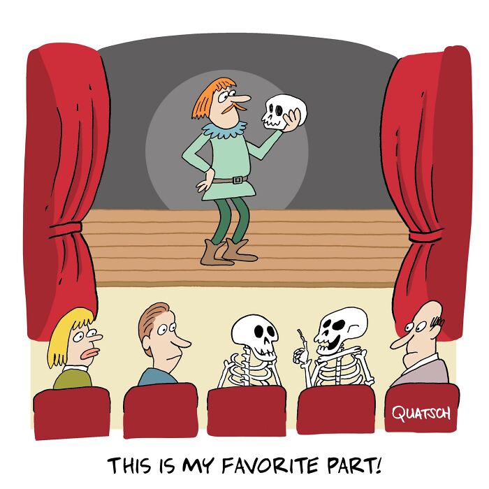 Comic showing a witty theater scene with skeletons in the audience enjoying absurd situations on stage.