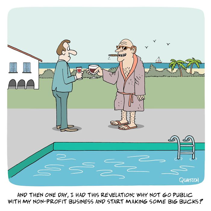 Absurd and witty comic by Quatsch showing two men toasting by a pool with a humorous business revelation.