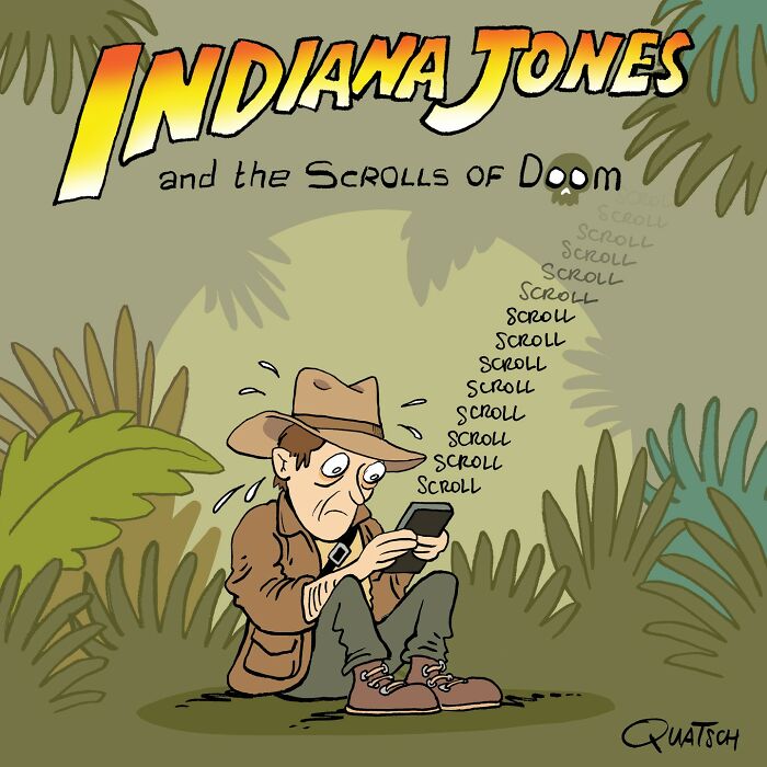 Absurd and witty comic showing Indiana Jones anxiously scrolling on a phone surrounded by jungle foliage.