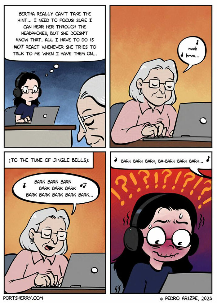 Funny Port Sherry comic showing a woman with headphones stressed by another singing dog barks to distract her.