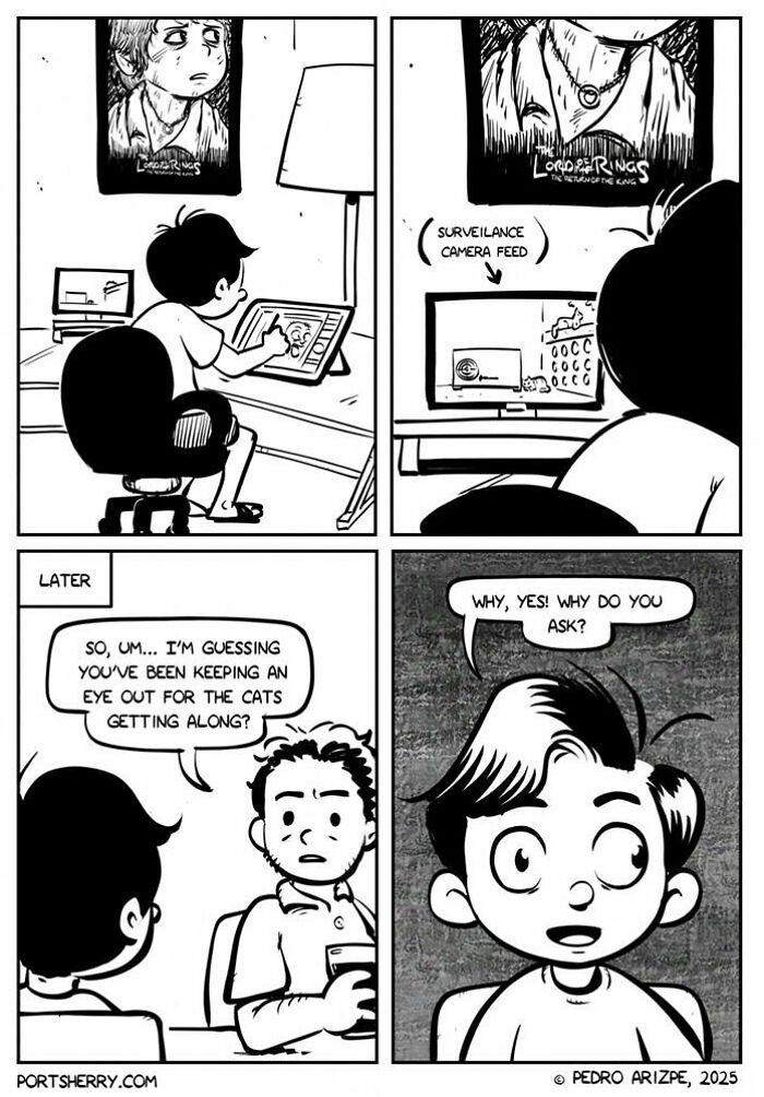 Black and white Port Sherry comic panels showing a person monitoring cats via surveillance camera and discussing it with a friend.