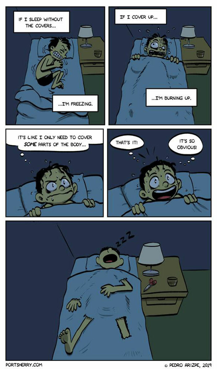Port Sherry comic showing a character humorously balancing warmth by cutting covers to cover only some body parts.