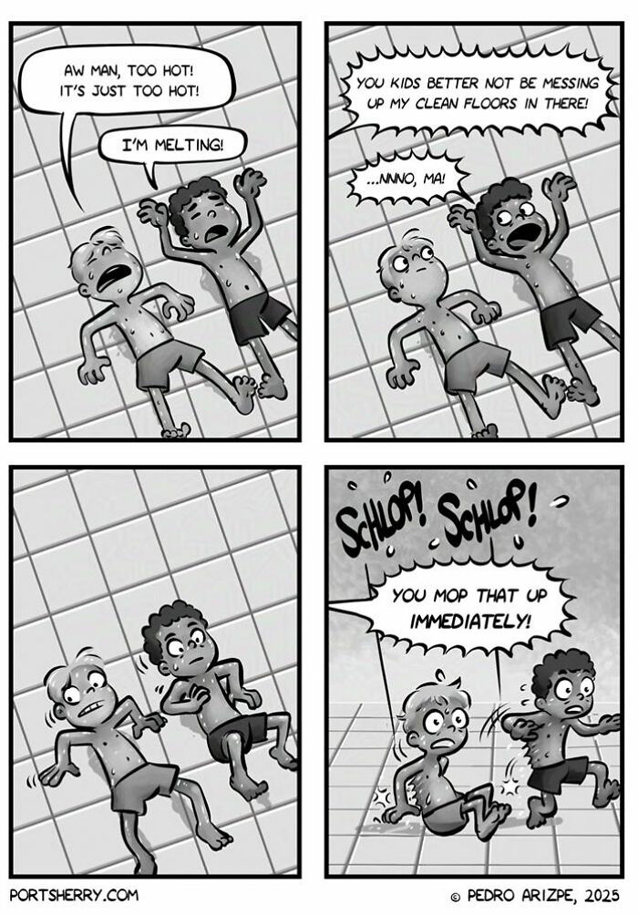 Two boys lying on a hot floor in a comic strip from Port Sherry, reacting to heat and being told to clean up immediately.