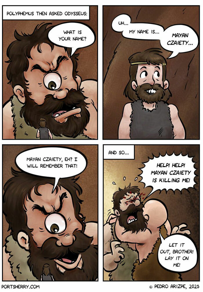 Comic strip from Port Sherry showing a funny twist on Odysseus’ name mix-up with absurd dialogue and expressions.