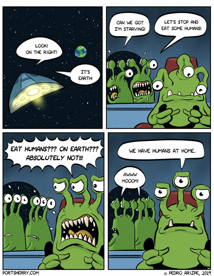 Alien characters in a comic strip debating eating humans, illustrating funny Port Sherry comics with absurd twists and humor.