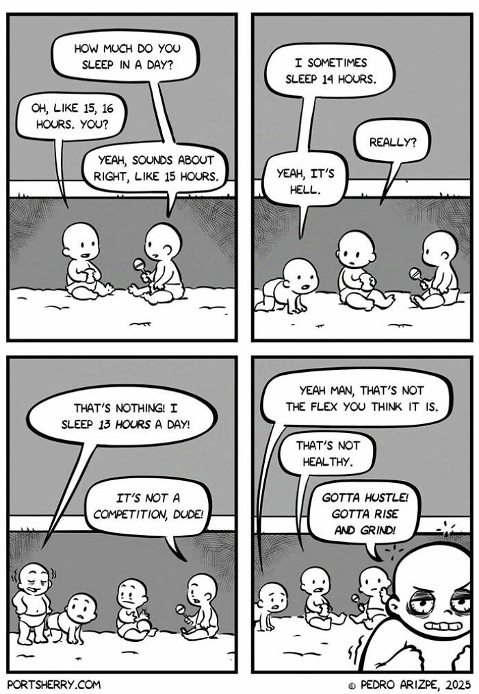 Port Sherry comic with babies discussing hours of sleep and the absurd twist on hustle culture in everyday moments.