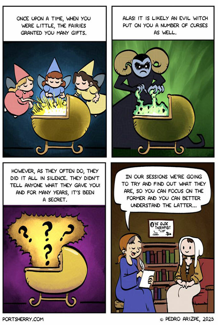 Port Sherry comic panels showing fairies, an evil witch, a mysterious cradle, and a therapy session with laughs and twists.