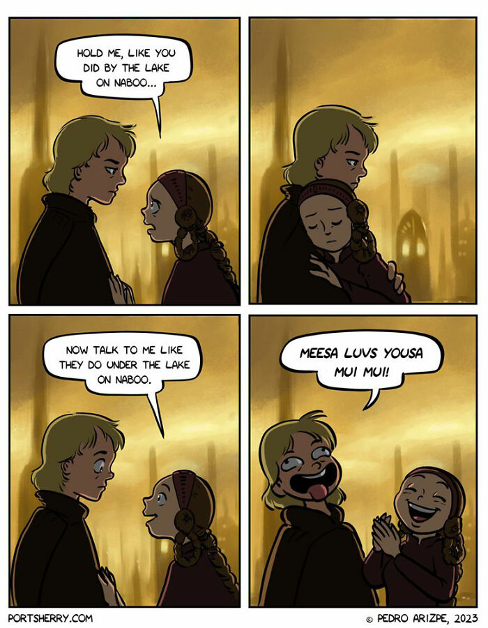 Port Sherry comic strip with two characters sharing a humorous conversation referencing Naboo in a warm-toned background.