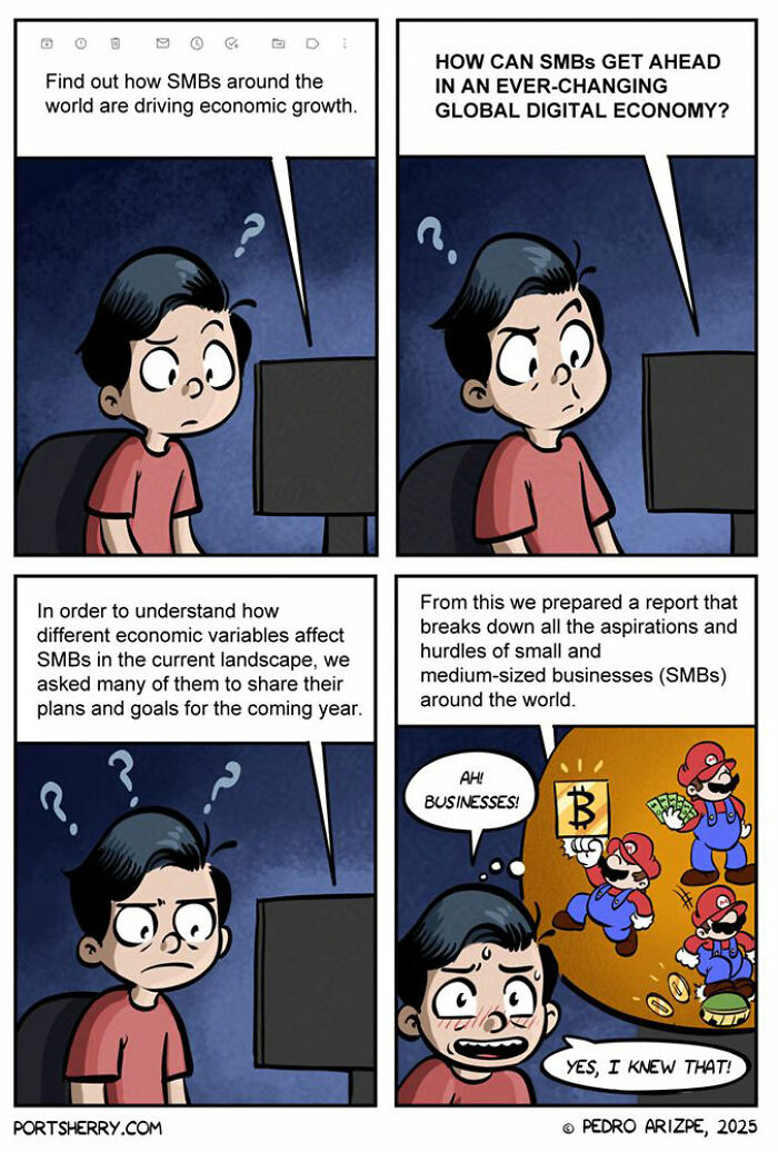 Person reading an SMB economic growth report, confused, then realizing with a humorous twist in a Port Sherry comic style.