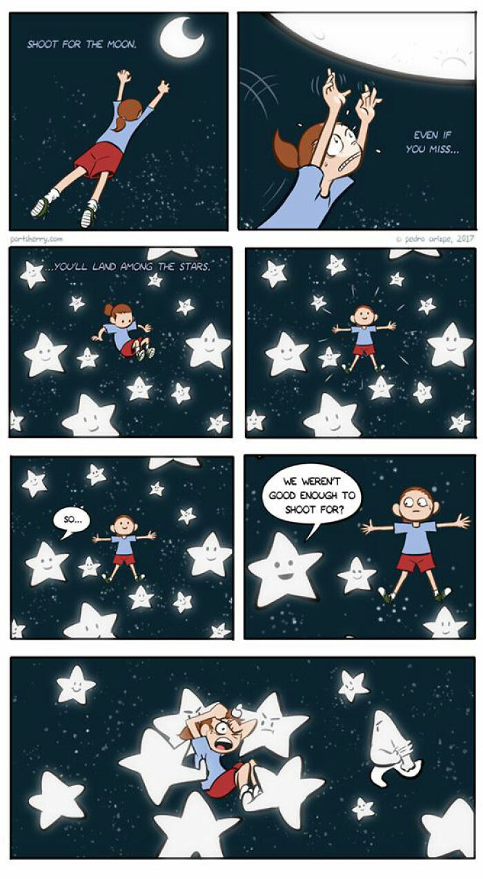 Comic panels from Port Sherry show a child reaching for the moon then floating among angry stars in a funny twist.