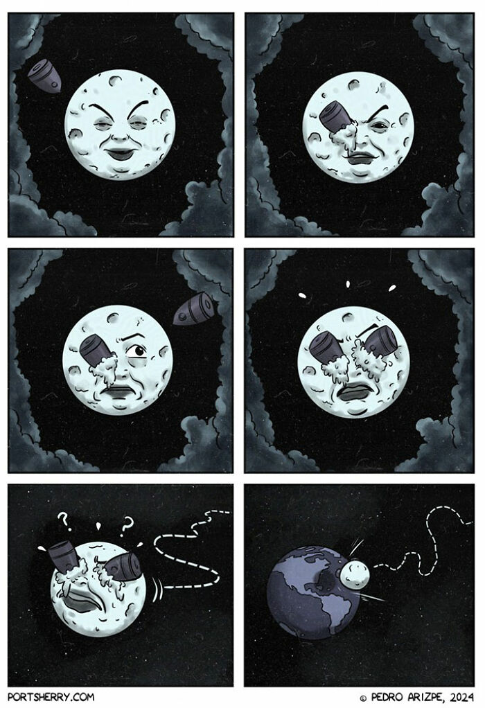 Comic strip of the moon getting hit by a cup, blending everyday moments with absurd twists in Port Sherry comics style.