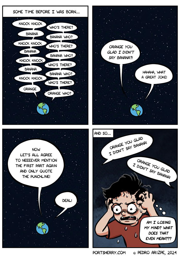 Comic panel from Port Sherry showing a humorous knock-knock joke with absurd twists and a confused character.