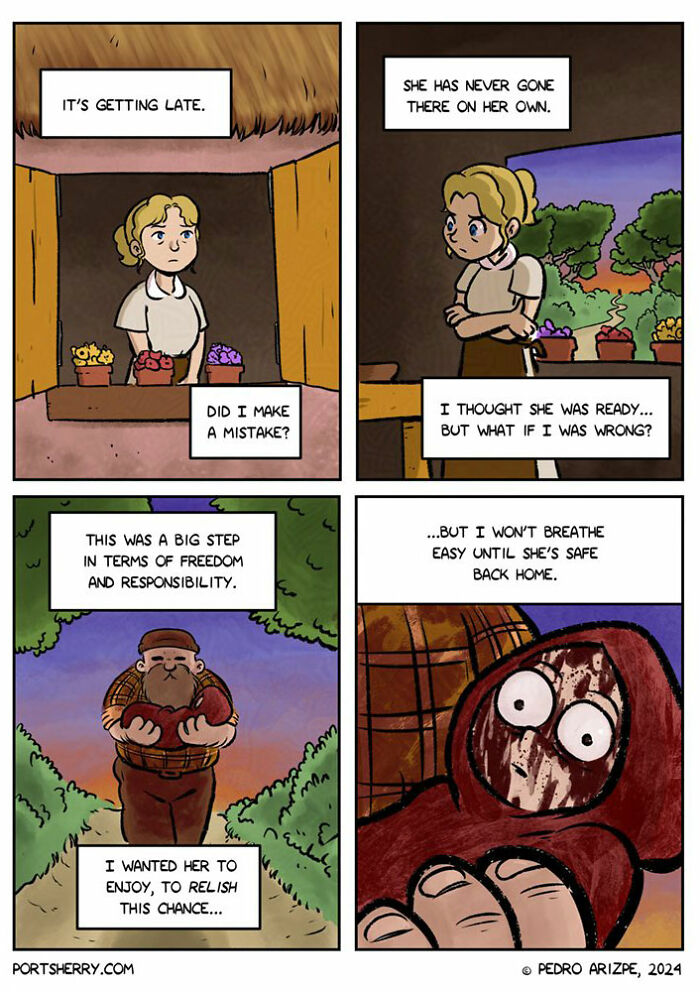 Comic panels from a Port Sherry comic showing a girl’s step toward freedom with humorous and absurd twists.