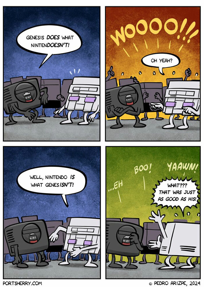 Funny Port Sherry comic strip showing video game consoles debating with humorous and absurd twists in everyday moments.