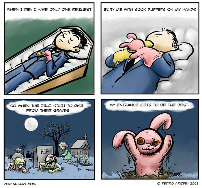 Comic from Port Sherry showing a man in a coffin with sock puppets and zombies rising from graves at night.