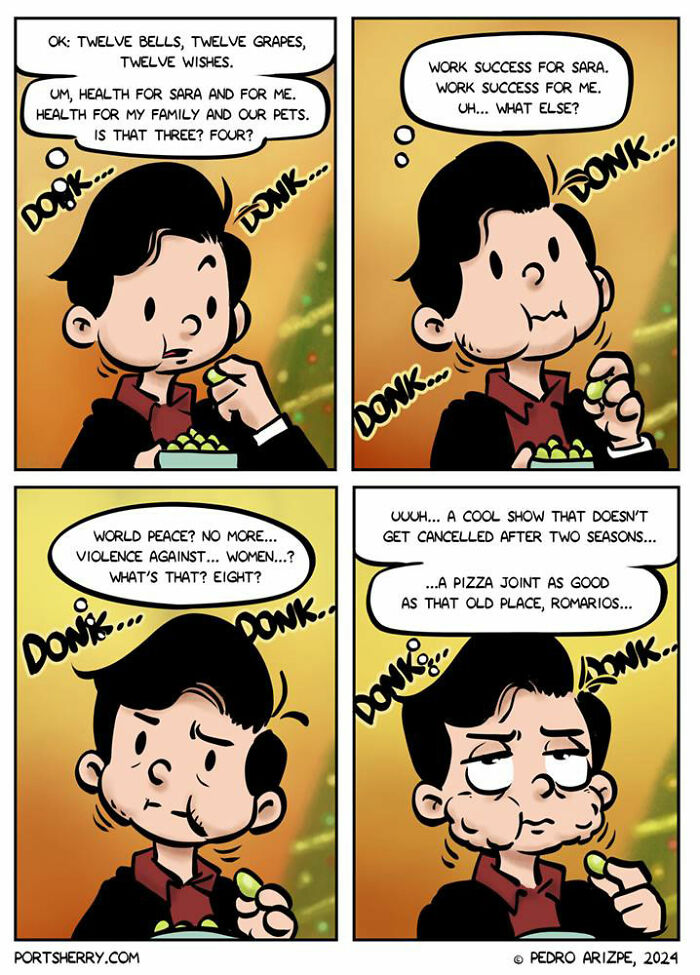 Comic strip by Port Sherry showing a man humorously counting grapes while reflecting on wishes and everyday thoughts.