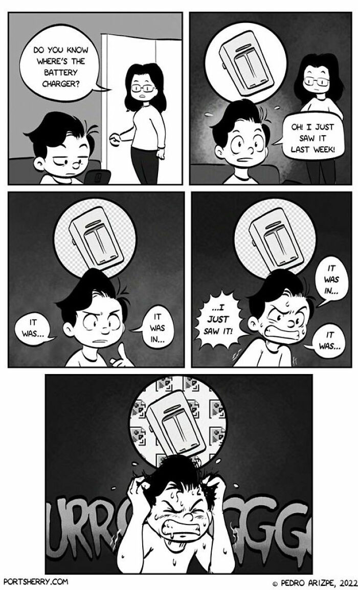 A Port Sherry comic strip showing a frustrated character struggling to remember where the battery charger was last seen.