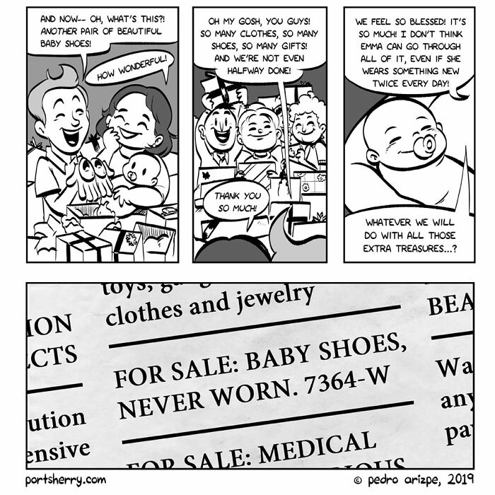 Black and white Port Sherry comic panels blending everyday family moments with absurd and dark twists about baby shoes.
