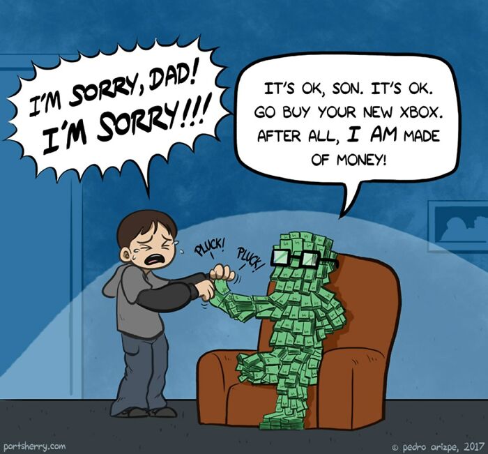 Comic panel from Port Sherry featuring a money-covered character telling a child to buy a new Xbox.