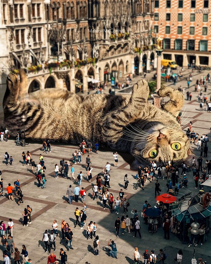 Giant cat lying in a busy city square, surreal parallel universe art imagining cats as enormous rulers.