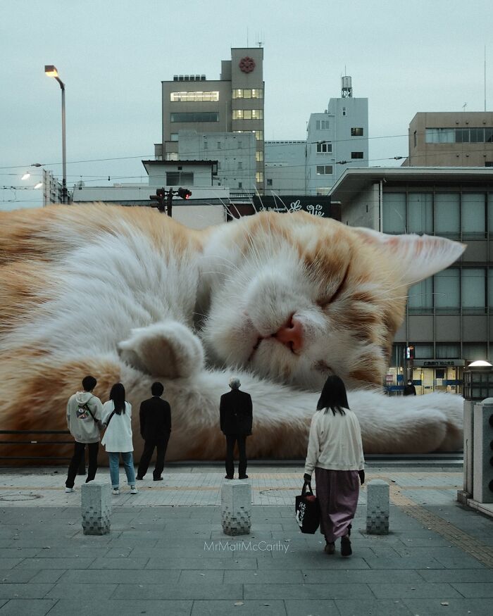 Giant cat sleeping in surreal parallel universe scene with people observing the massive feline in an urban setting.