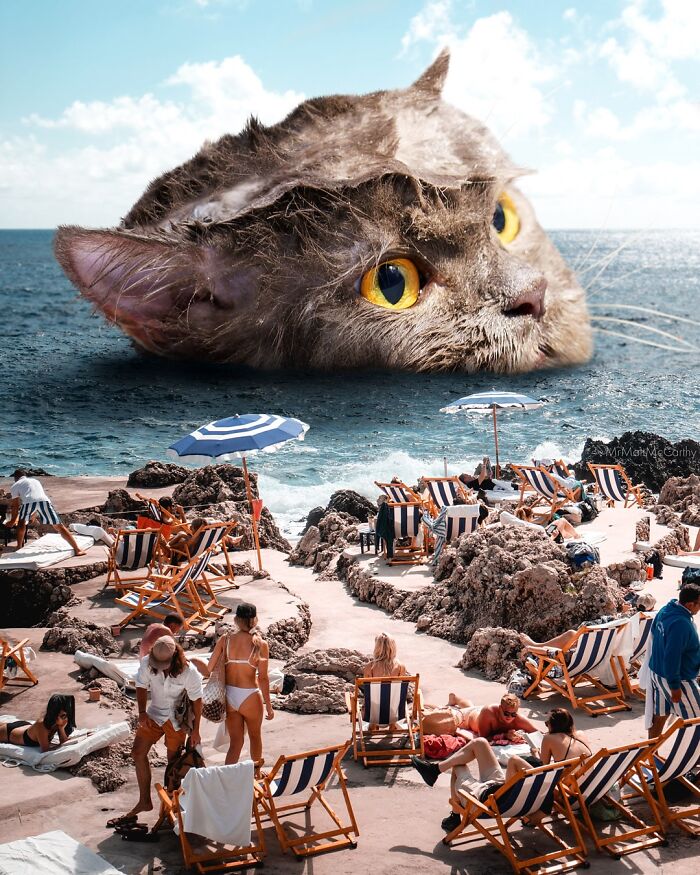 Surreal parallel universe with a giant cat emerging from the ocean near a crowded beach with umbrellas and lounge chairs.