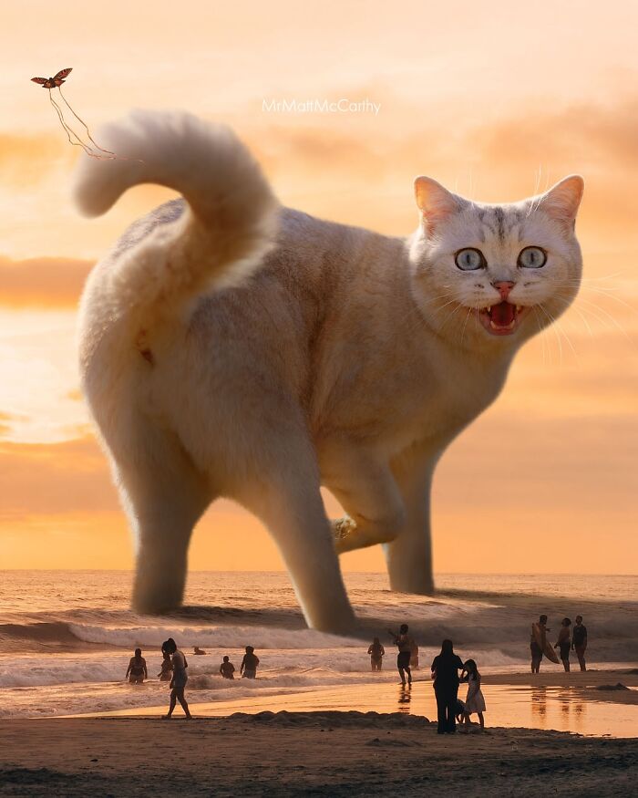 Giant cat towering over beachgoers at sunset in a surreal parallel universe with oversized feline creatures.
