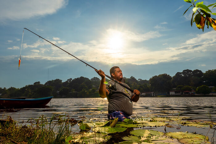 Man fishing in mangrove waters at sunset with a fishing rod, captured in spectacular mangrove photography awards image.