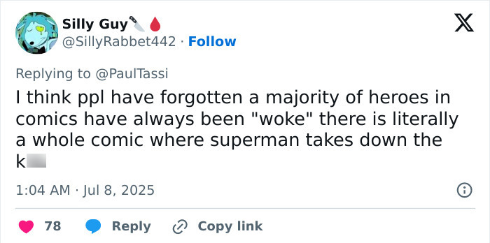 Screenshot of a social media comment discussing woke Superman in relation to the reboot criticized in early reviews.